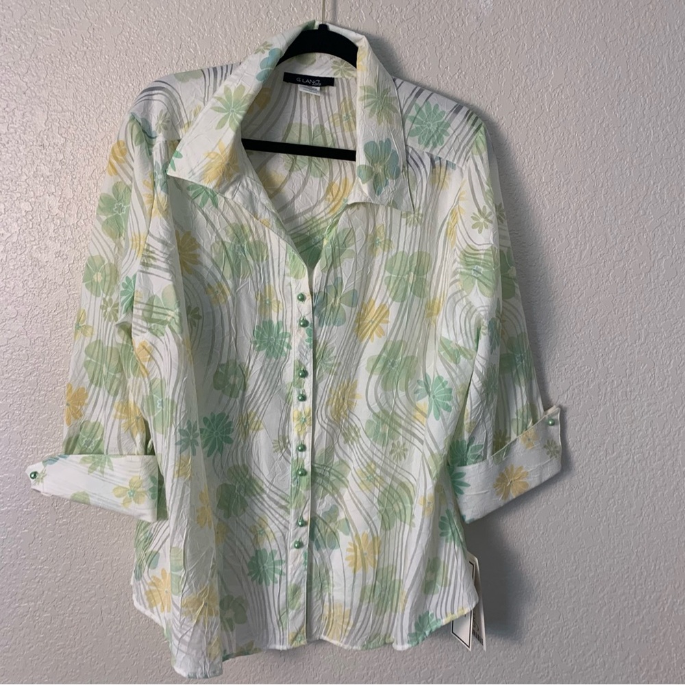 NWT Floral Button-Up Blouse - pale Green and Yellow, 2X